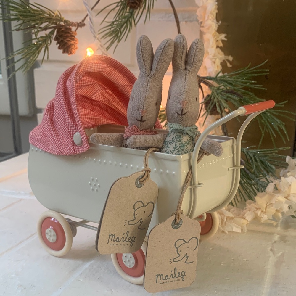 Maileg NWT Bunny Baby Duo with Gently Used Coral Pram
